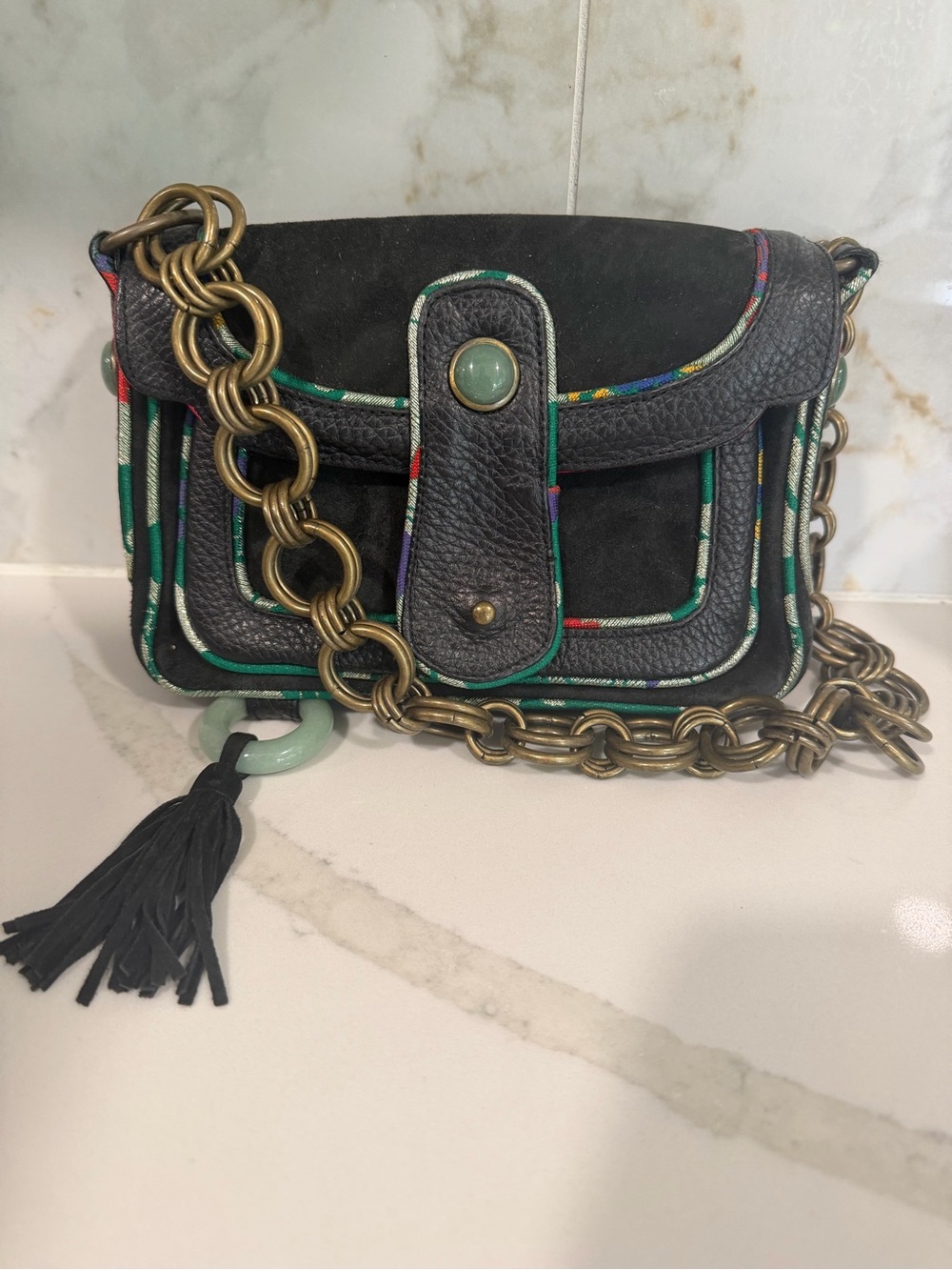 Shanghai Tang Black Leather and Aventurine Quartz bag